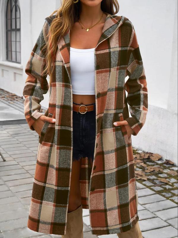 Women's Plaid Print Button Front Drop Shoulder Hooded Coat, Casual Long Sleeve Pocket Outerwear for Fall & Winter, Ladies Clothes for Daily Wear
